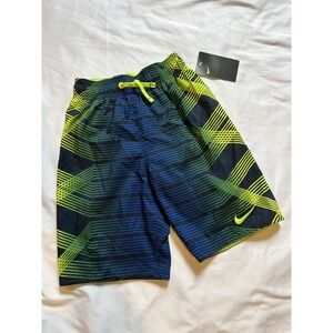 Nike Boys' Small‎ Swim Trunks Blue Green Striped Geometric Swimsuit Shorts NWT